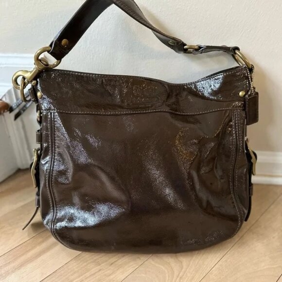 NWOT AUTHENTIC COACH ZOE BROWN PATENT LEATHER LARGE HOBO HANDBAG & DUSTY $500 - Picture 3 of 10